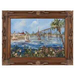 Original Oil Painting Jay Bird XL San Diego Hotel Del Coronado Seascape Framed